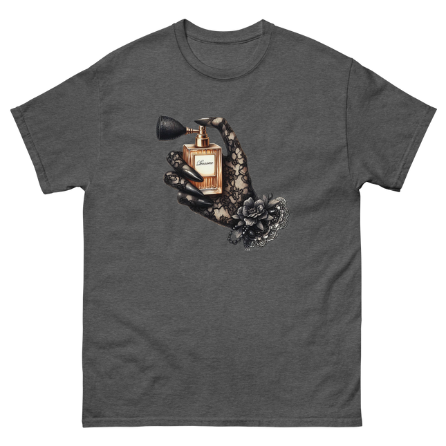 Gold Perfume Bottle Gothic Lace Tee Women Tees Style Junction – Custom Digital Designs & Apparel Dark Heather S