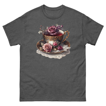Romantic Teacup with Roses Art Tee Women Tees Style Junction – Custom Digital Designs & Apparel Dark Heather S