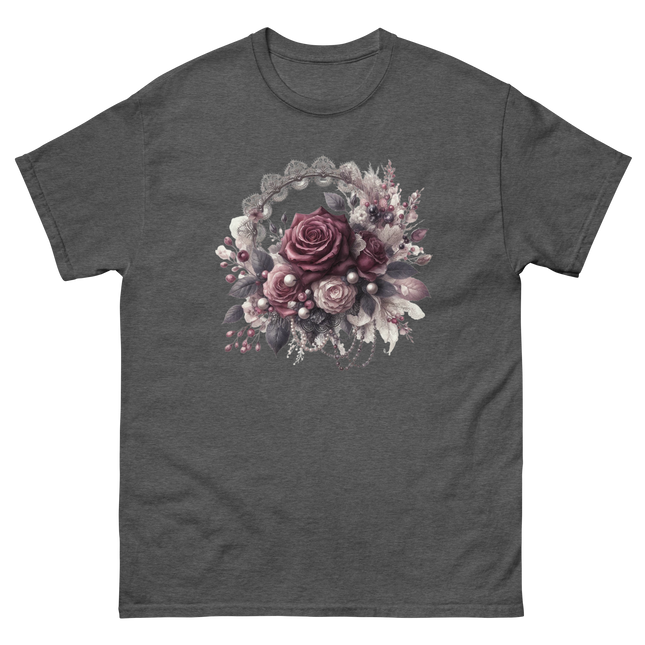 Mauve Rose Pearl Wreath Graphic Tee Women Tees Style Junction – Custom Digital Designs & Apparel Dark Heather S