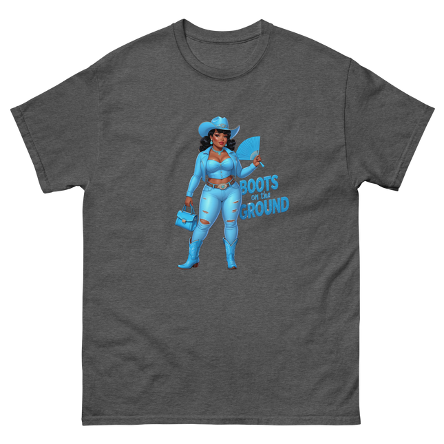 Boots on the Ground Tee – Light Blue Curvy Cowgirl Graphic #2 Women Tees Style Junction – Custom Digital Designs & Apparel Dark Heather S