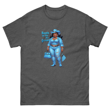 Boots on the Ground Tee – Light Blue Curvy Cowgirl Graphic #3 Women Tees Style Junction – Custom Digital Designs & Apparel Dark Heather S
