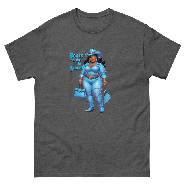 Boots on the Ground Tee – Light Blue Curvy Cowgirl Graphic #3 Women Tees Style Junction – Custom Digital Designs & Apparel Dark Heather S