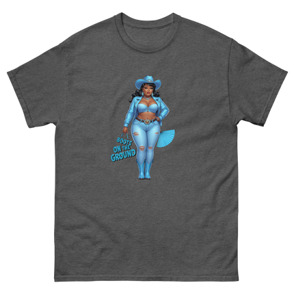 Boots on the Ground Tee – Light Blue Curvy Cowgirl Graphic #4 Women Tees Style Junction – Custom Digital Designs & Apparel Dark Heather S