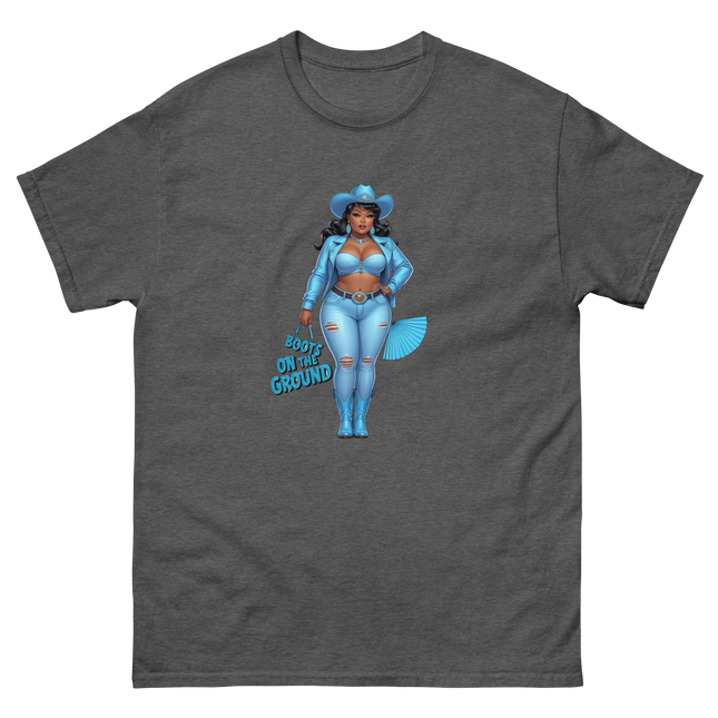 Boots on the Ground Tee – Light Blue Curvy Cowgirl Graphic #4 Women Tees Style Junction – Custom Digital Designs & Apparel Dark Heather S