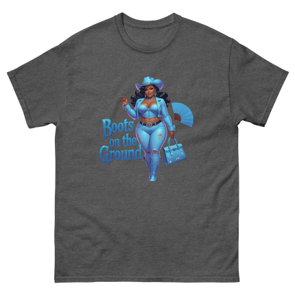 Boots on the Ground Tee – Light Blue Curvy Cowgirl Graphic #5 Women Tees Style Junction – Custom Digital Designs & Apparel Dark Heather S