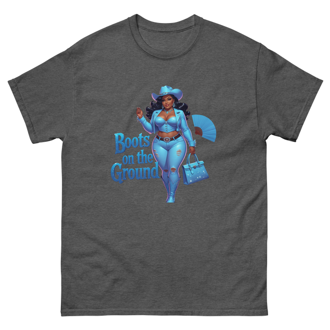 Boots on the Ground Tee – Light Blue Curvy Cowgirl Graphic #5 Women Tees Style Junction – Custom Digital Designs & Apparel Dark Heather S