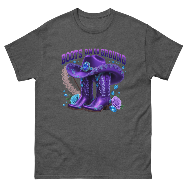 Boots on Da Ground Tee – Purple Fan & Jewel Design #4 Women Tees Style Junction – Custom Digital Designs & Apparel Dark Heather S