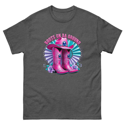 Blinged Out Cowgirl Tee – Pink Boots on Da Ground Women Tees Style Junction – Custom Digital Designs & Apparel Dark Heather S