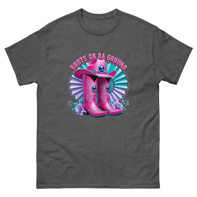 Blinged Out Cowgirl Tee – Pink Boots on Da Ground Women Tees Style Junction – Custom Digital Designs & Apparel Dark Heather S