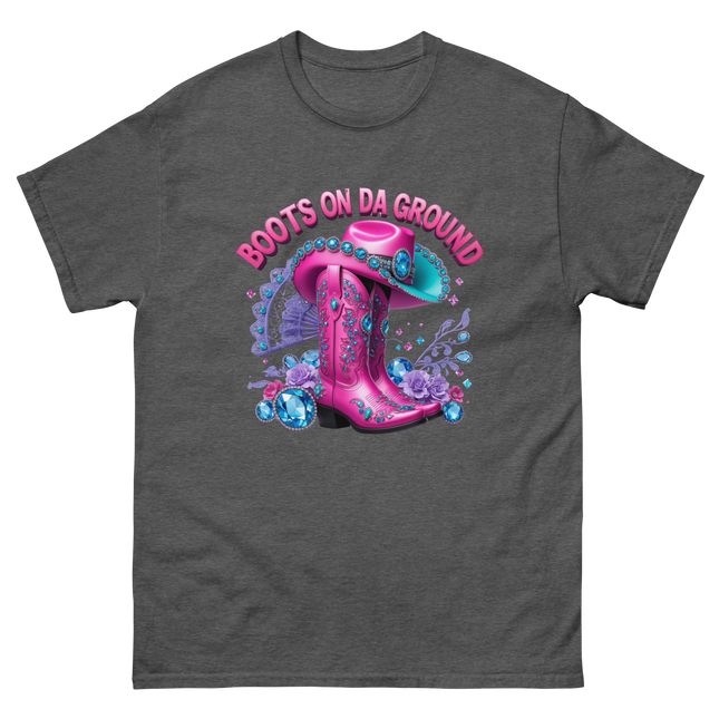 Bold Cowgirl Tee – Aqua Hat & Pink Boots Combo Women Tees Style Junction – Custom Digital Designs & Apparel Dark Heather S