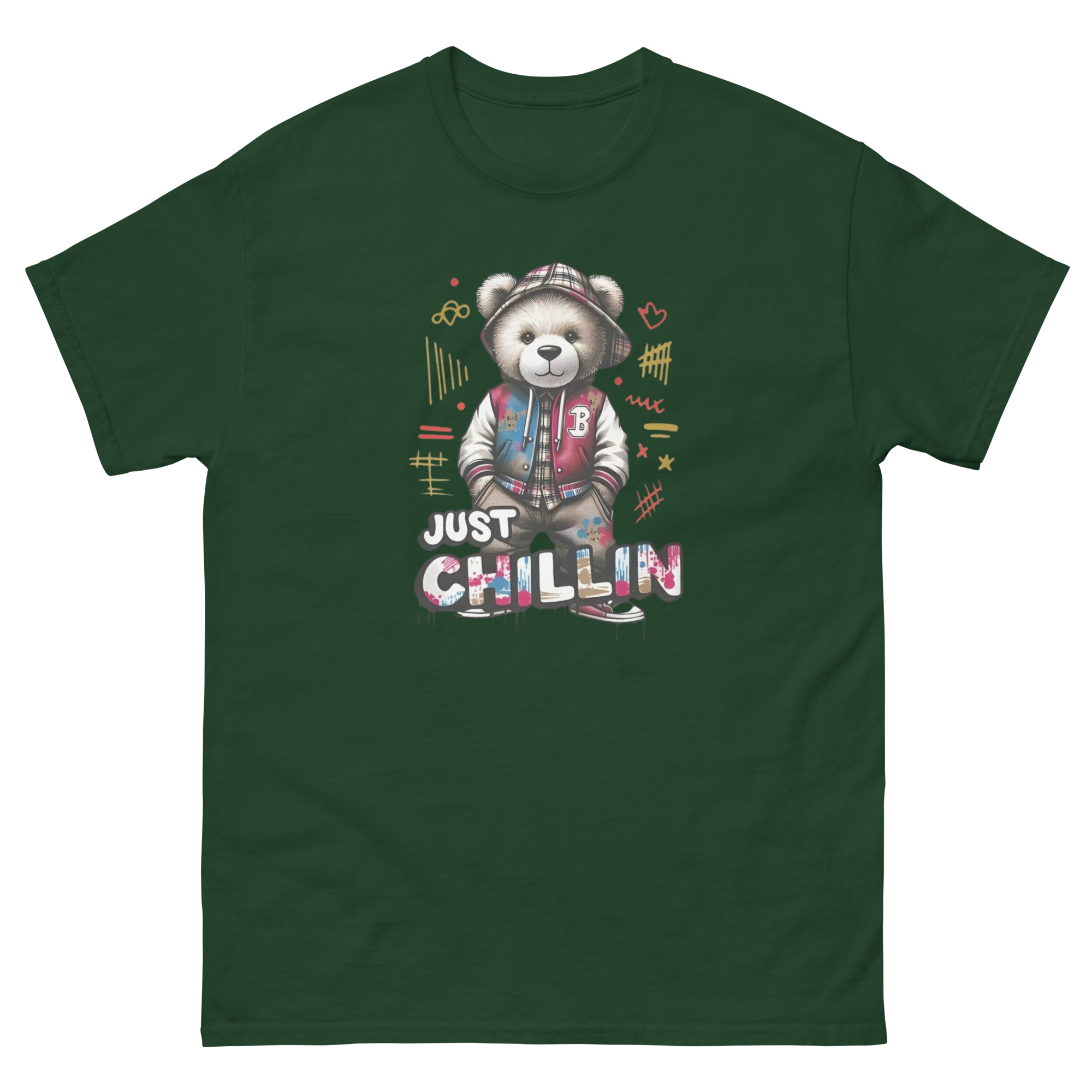 Just Chillin Bear Custom Design Unisex Classic T-shirt Physical T-Shirt Style-Junction Forest Green S 