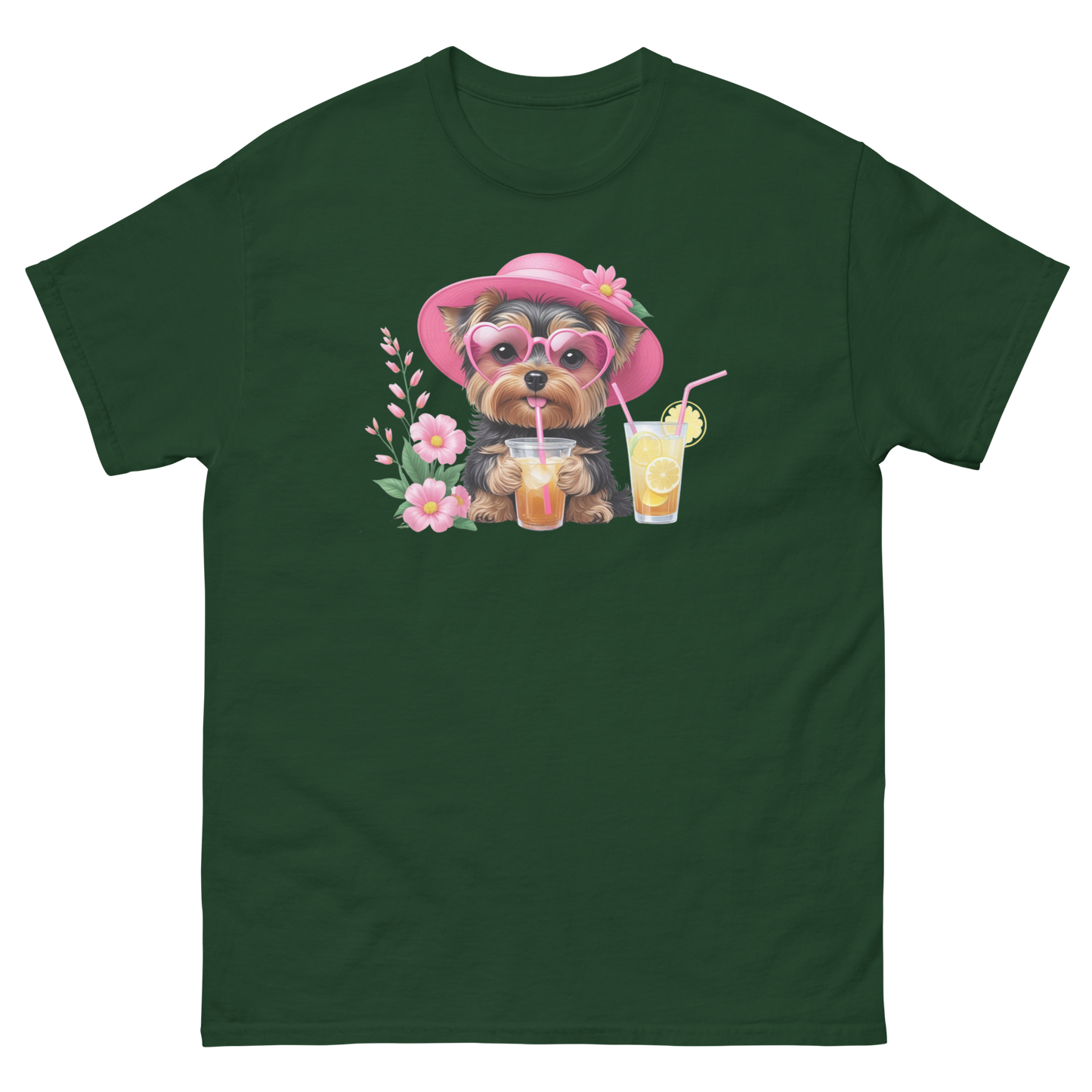 Yorkie Dog #1 Iced Tea Graphic Tee – Floral Summer PNG Print Shirt Women Tees Style Junction – Custom Digital Designs Forest Green S