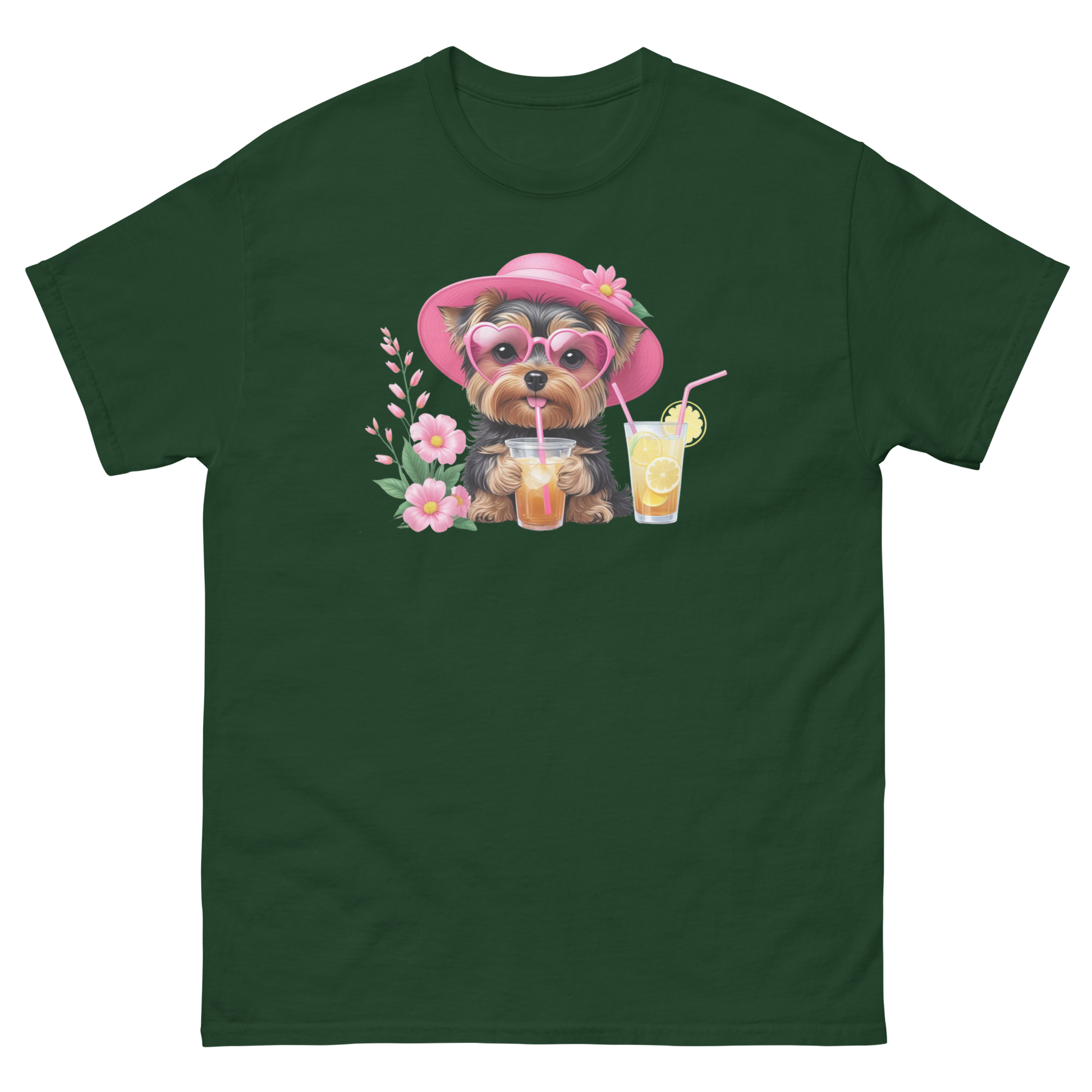 Yorkie Dog #1 Iced Tea Graphic Tee – Floral Summer PNG Print Shirt Women Tees Style Junction – Custom Digital Designs Forest Green S