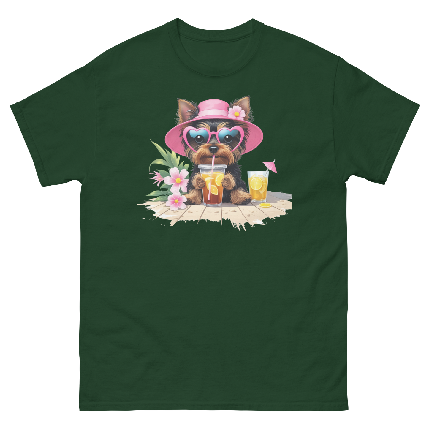 Yorkie Dog #3 Iced Tea Graphic Tee – Floral Summer PNG Print Shirt Women Tees Style Junction – Custom Digital Designs Forest Green S