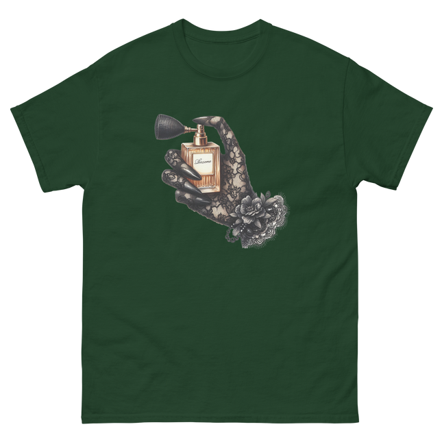 Gold Perfume Bottle Gothic Lace Tee Women Tees Style Junction – Custom Digital Designs & Apparel Forest Green S