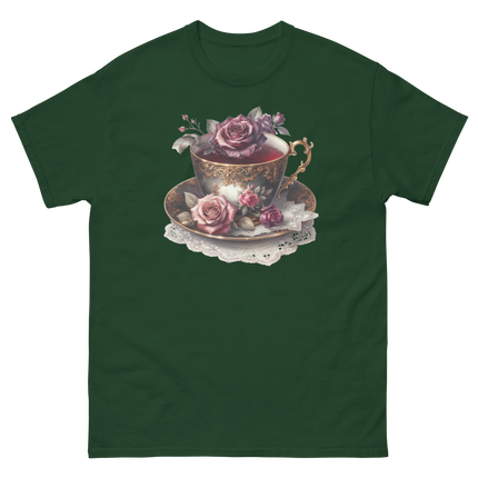 Romantic Teacup with Roses Art Tee Women Tees Style Junction – Custom Digital Designs & Apparel Forest Green S