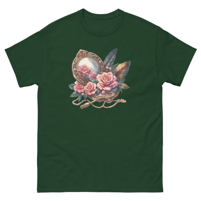 Vintage Mirror & Rose Frame Tee Women Tees Style Junction – Custom Digital Designs & Apparel Forest Green S