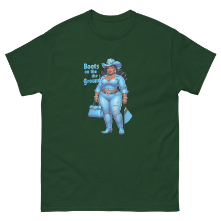 Boots on the Ground Tee – Light Blue Curvy Cowgirl Graphic #3 Women Tees Style Junction – Custom Digital Designs & Apparel Forest Green S