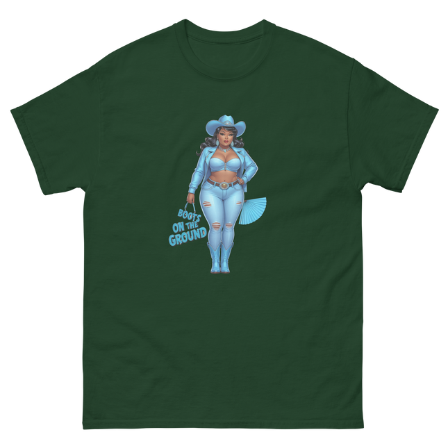 Boots on the Ground Tee – Light Blue Curvy Cowgirl Graphic #4 Women Tees Style Junction – Custom Digital Designs & Apparel Forest Green S