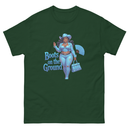 Boots on the Ground Tee – Light Blue Curvy Cowgirl Graphic #5 Women Tees Style Junction – Custom Digital Designs & Apparel Forest Green S