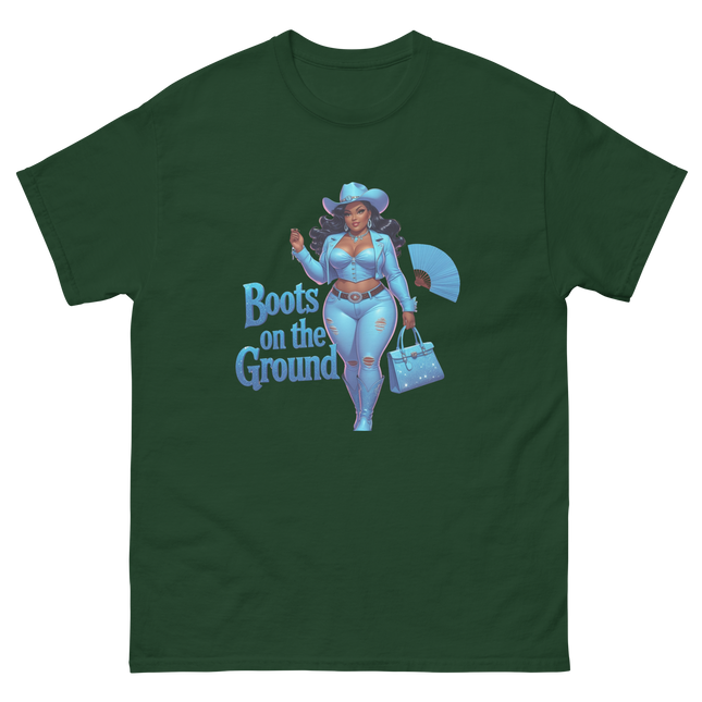Boots on the Ground Tee – Light Blue Curvy Cowgirl Graphic #5 Women Tees Style Junction – Custom Digital Designs & Apparel Forest Green S
