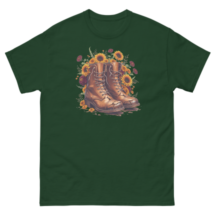 Rustic Fall Combat Boots with Sunflowers Graphic Tee #1 Women Tees Style Junction – Custom Digital Designs & Apparel Forest Green S