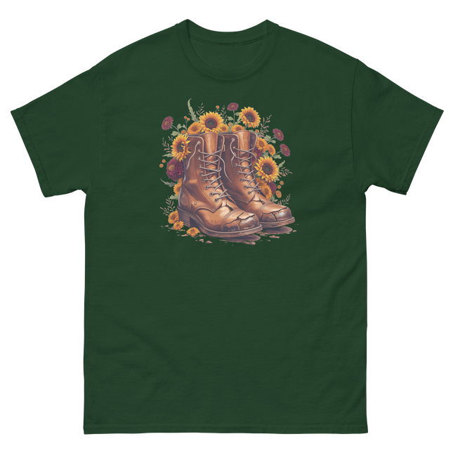 Rustic Fall Combat Boots with Sunflowers Graphic Tee #1 Women Tees Style Junction – Custom Digital Designs & Apparel Forest Green S