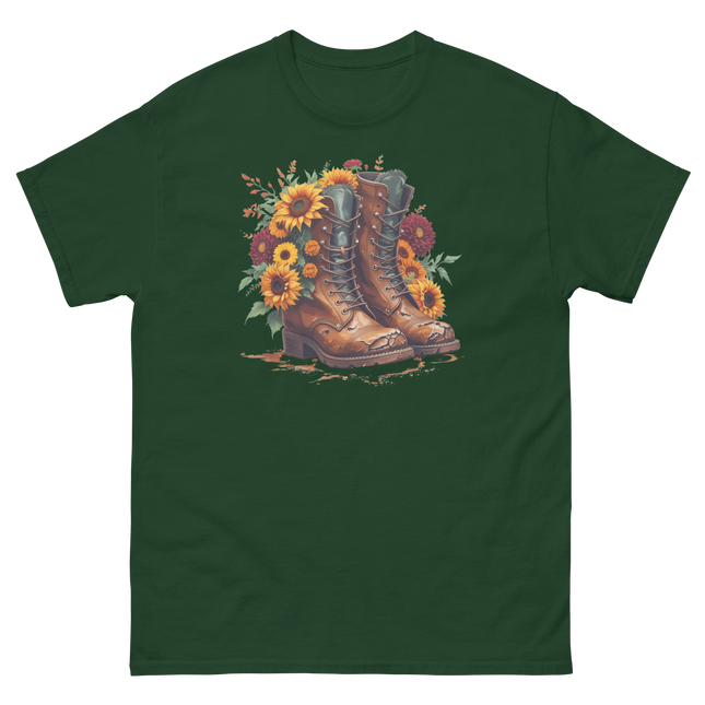 Rustic Fall Combat Boots with Sunflowers Graphic Tee #2 Women Tees Style Junction – Custom Digital Designs & Apparel Forest Green S