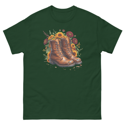 Rustic Fall Combat Boots with Sunflowers Graphic Tee #3 Women Tees Style Junction – Custom Digital Designs & Apparel Forest Green S