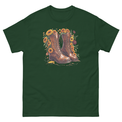 Rustic Fall Combat Boots with Sunflowers Graphic Tee #4 Women Tees Style Junction – Custom Digital Designs & Apparel Forest Green S