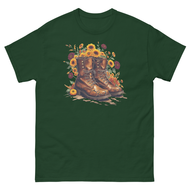 Rustic Fall Combat Boots with Sunflowers Graphic Tee #5 Women Tees Style Junction – Custom Digital Designs & Apparel Forest Green S