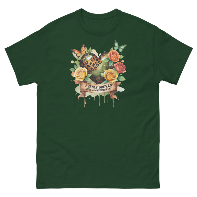 Evenly Broken Leopard Heart Tee – Watercolor Floral Vibes #1 Women Tees Style Junction – Custom Digital Designs & Apparel Forest Green S