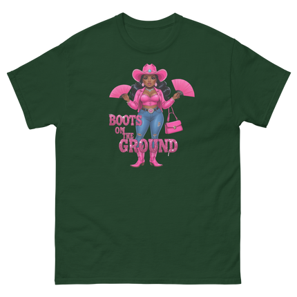 Pink Glam Cowgirl Tee – Boots on the Ground Graphic Shirt #4 Women Tees Style Junction – Custom Digital Designs & Apparel Forest Green S