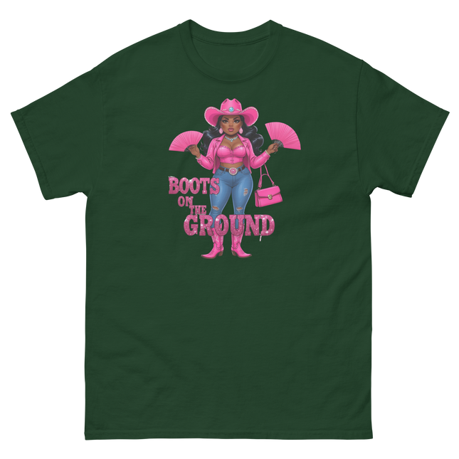 Pink Glam Cowgirl Tee – Boots on the Ground Graphic Shirt #4 Women Tees Style Junction – Custom Digital Designs & Apparel Forest Green S