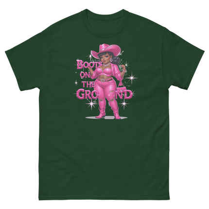 Pink Glam Cowgirl Tee – Boots on the Ground Graphic Shirt #5 Women Tees Style Junction – Custom Digital Designs & Apparel Forest Green S