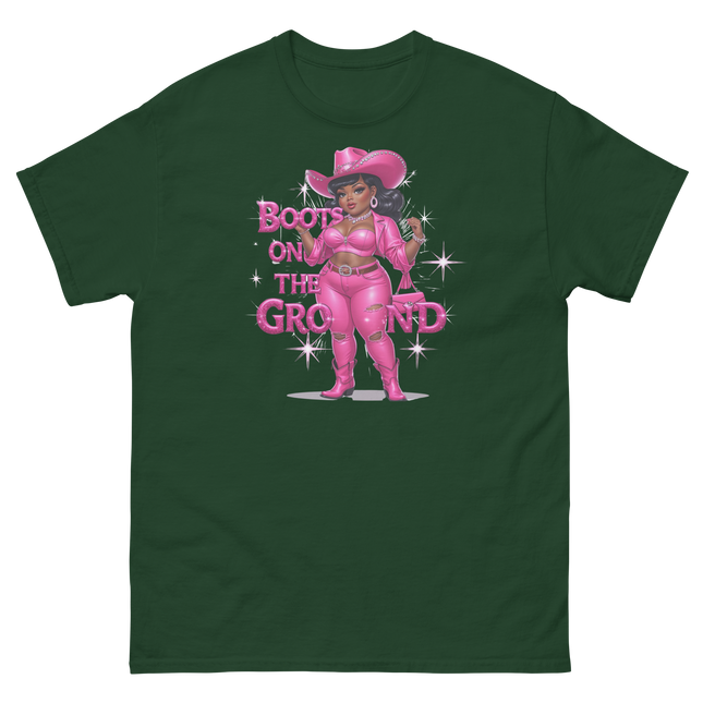 Pink Glam Cowgirl Tee – Boots on the Ground Graphic Shirt #5 Women Tees Style Junction – Custom Digital Designs & Apparel Forest Green S