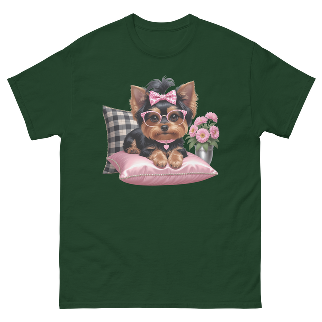 Yorkie Glam Tee – Pink Leopard Print Dog Graphic Shirt #1 Women Tees Style Junction – Custom Digital Designs & Apparel Forest Green S