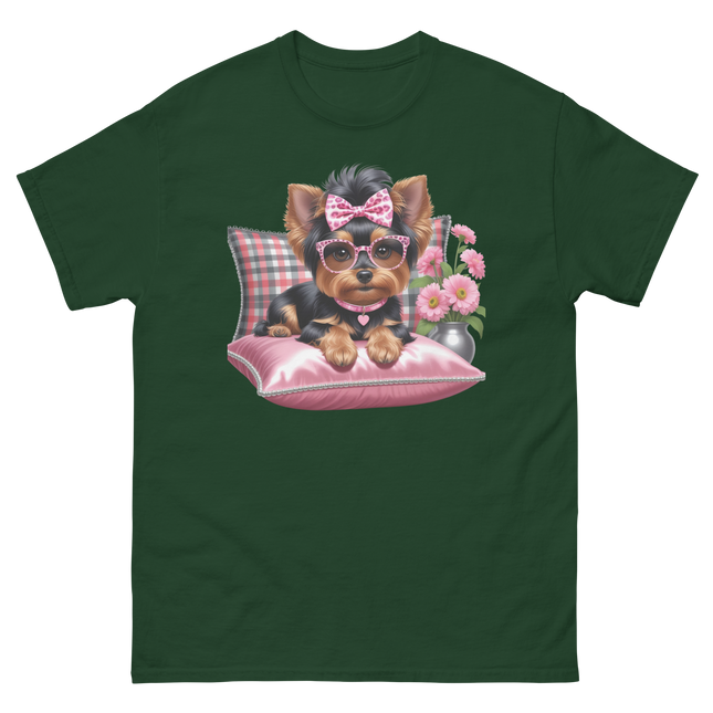 Yorkie Glam Tee – Pink Leopard Print Dog Graphic Shirt #3 Women Tees Style Junction – Custom Digital Designs & Apparel Forest Green S