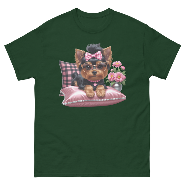 Yorkie Glam Tee – Pink Leopard Print Dog Graphic Shirt #5 Women Tees Style Junction – Custom Digital Designs & Apparel Forest Green S