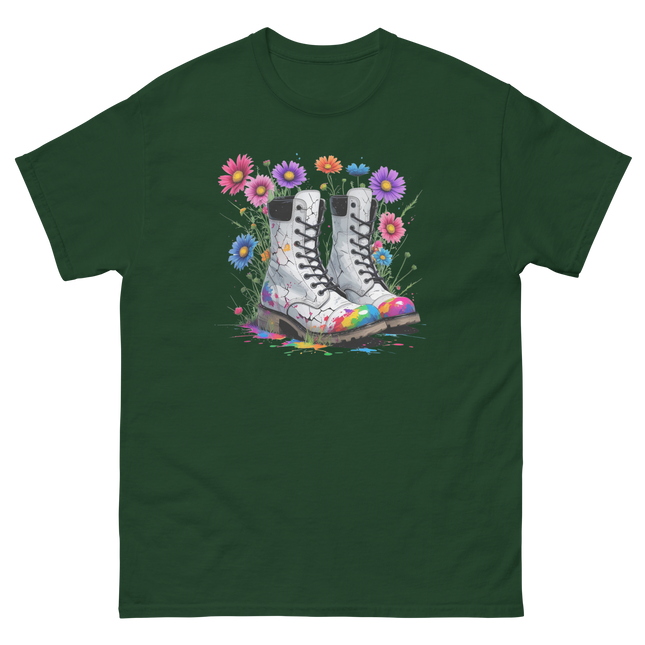 Rainbow Combat Boots Tee – Floral Festival Graphic Shirt #1 Women Tees Style Junction – Custom Digital Designs & Apparel Forest Green S