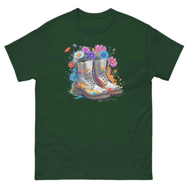Rainbow Combat Boots Tee – Floral Festival Graphic Shirt #2 Women Tees Style Junction – Custom Digital Designs & Apparel Forest Green S