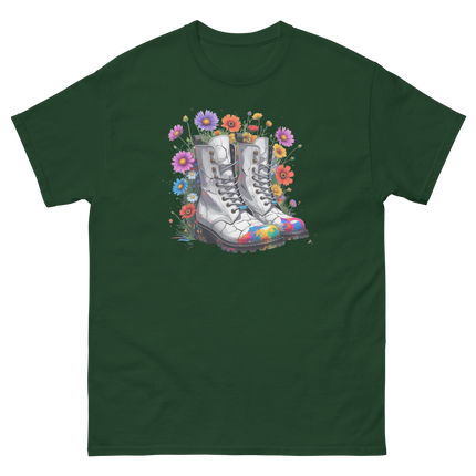 Rainbow Combat Boots Tee – Floral Festival Graphic Shirt #3 Women Tees Style Junction – Custom Digital Designs & Apparel Forest Green S