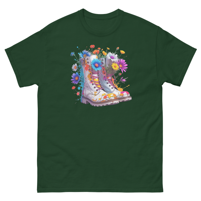 Rainbow Combat Boots Tee – Floral Festival Graphic Shirt #4 Women Tees Style Junction – Custom Digital Designs & Apparel Forest Green S