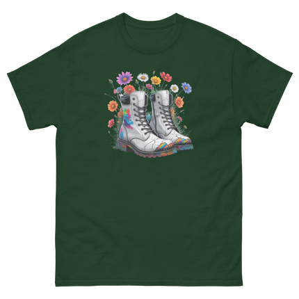 Rainbow Combat Boots Tee – Floral Festival Graphic Shirt #5 Women Tees Style Junction – Custom Digital Designs & Apparel Forest Green S