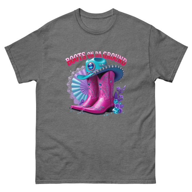 Boots on Da Ground Tee – Hot Pink with Fan Detail Women Tees Style Junction – Custom Digital Designs & Apparel Graphite Heather S