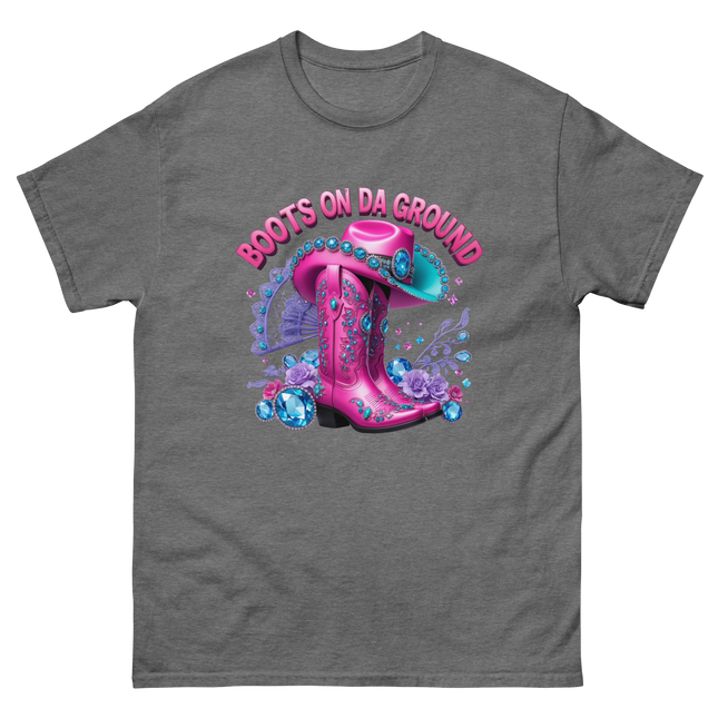 Bold Cowgirl Tee – Aqua Hat & Pink Boots Combo Women Tees Style Junction – Custom Digital Designs & Apparel Graphite Heather S