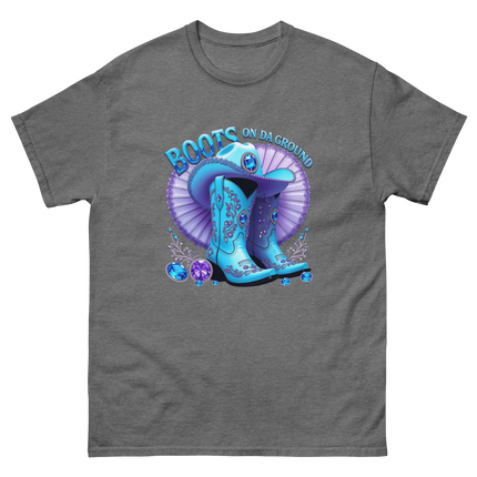 Sparkling Cowgirl Tee – Lavender Fan & Blue Boot Look Women Tees Style Junction – Custom Digital Designs & Apparel Graphite Heather S