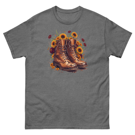 Rustic Fall Combat Boots with Sunflowers Graphic Tee #1 Women Tees Style Junction – Custom Digital Designs & Apparel Graphite Heather S