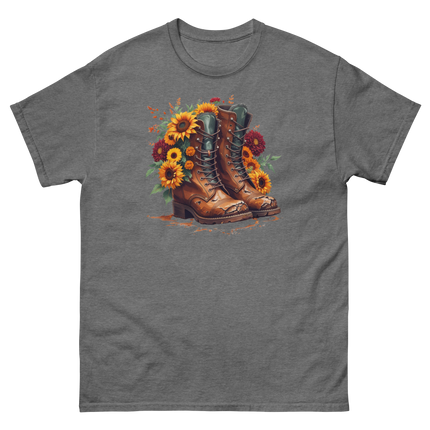 Rustic Fall Combat Boots with Sunflowers Graphic Tee #2 Women Tees Style Junction – Custom Digital Designs & Apparel Graphite Heather S