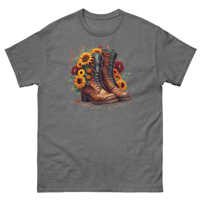 Rustic Fall Combat Boots with Sunflowers Graphic Tee #2 Women Tees Style Junction – Custom Digital Designs & Apparel Graphite Heather S